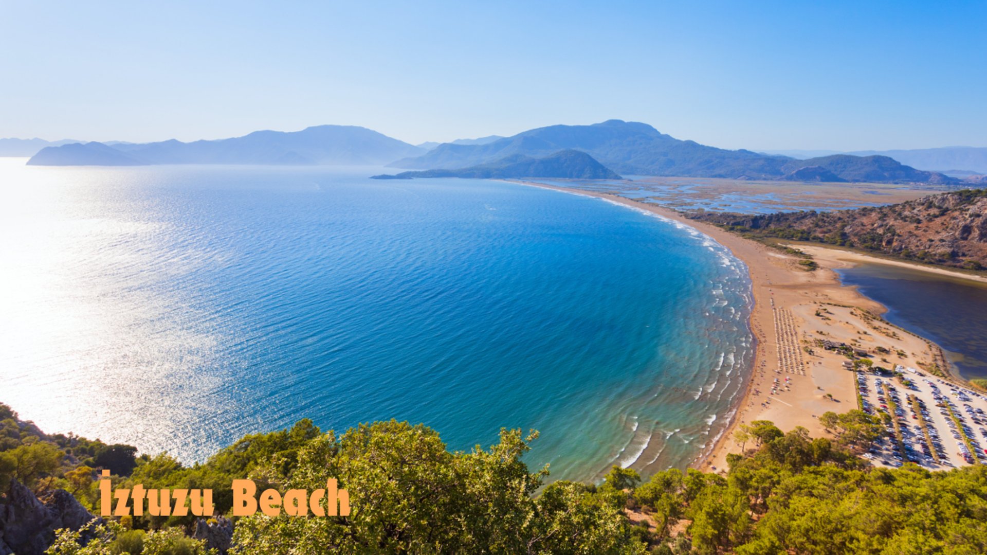 İztuzu beach spit from above, sea on one side and Dalyan river on the other