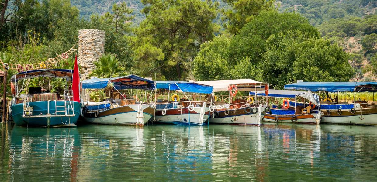 Wooden tour boats moored on the Dalyan river below pine-covered hills